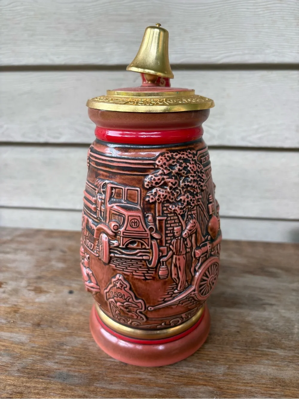 1989 Avon Tribute to American Firefighters beer stein, crafted in Brazil.
